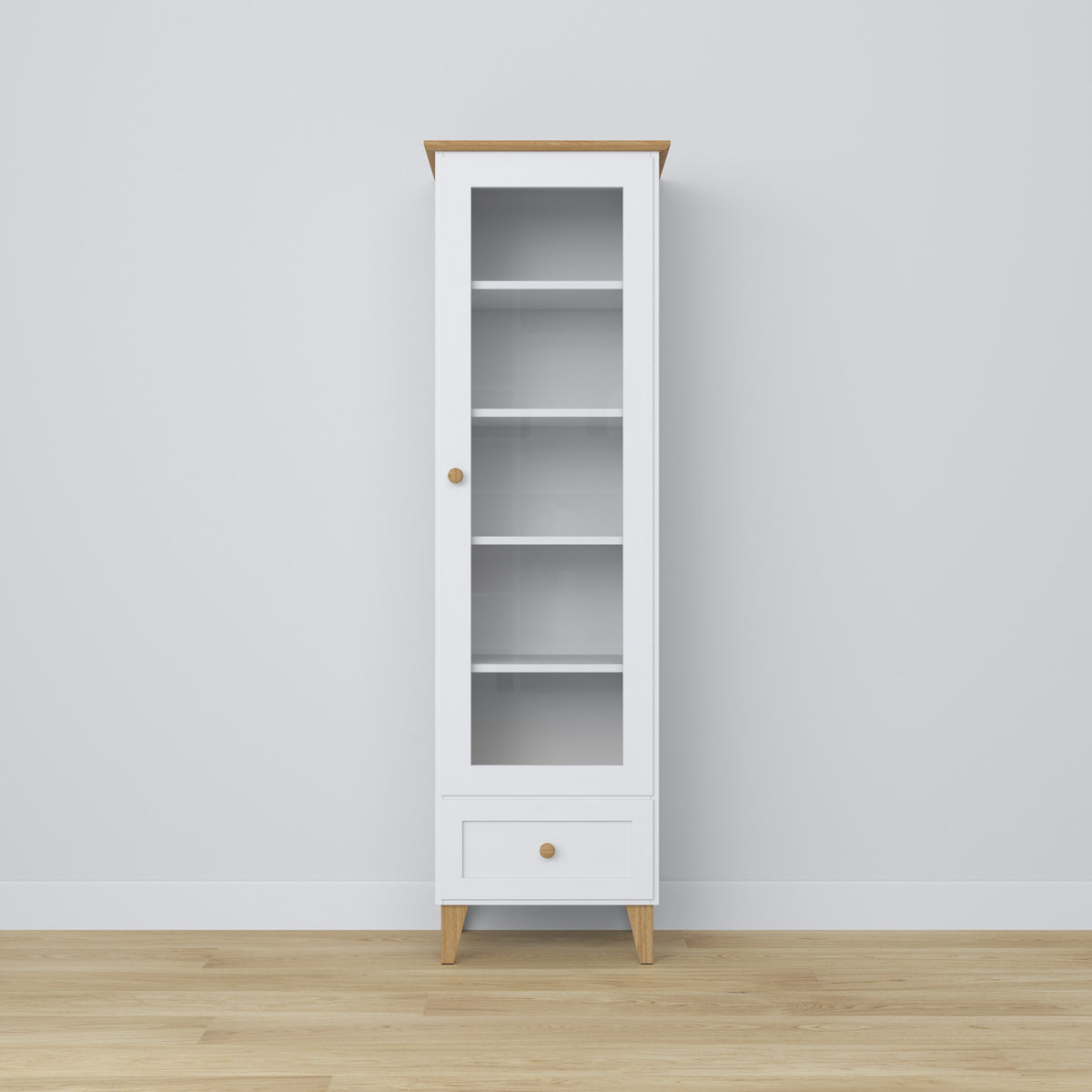 Vitrine mit Schublade Holz weiß mit Eiche 57 cm – Wohnzimmer, skandinavischer Stil Nizio