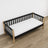 Sofa-Bett schwarz mit Eiche – Beine und Basis Holz, Nahaufnahme der Details
