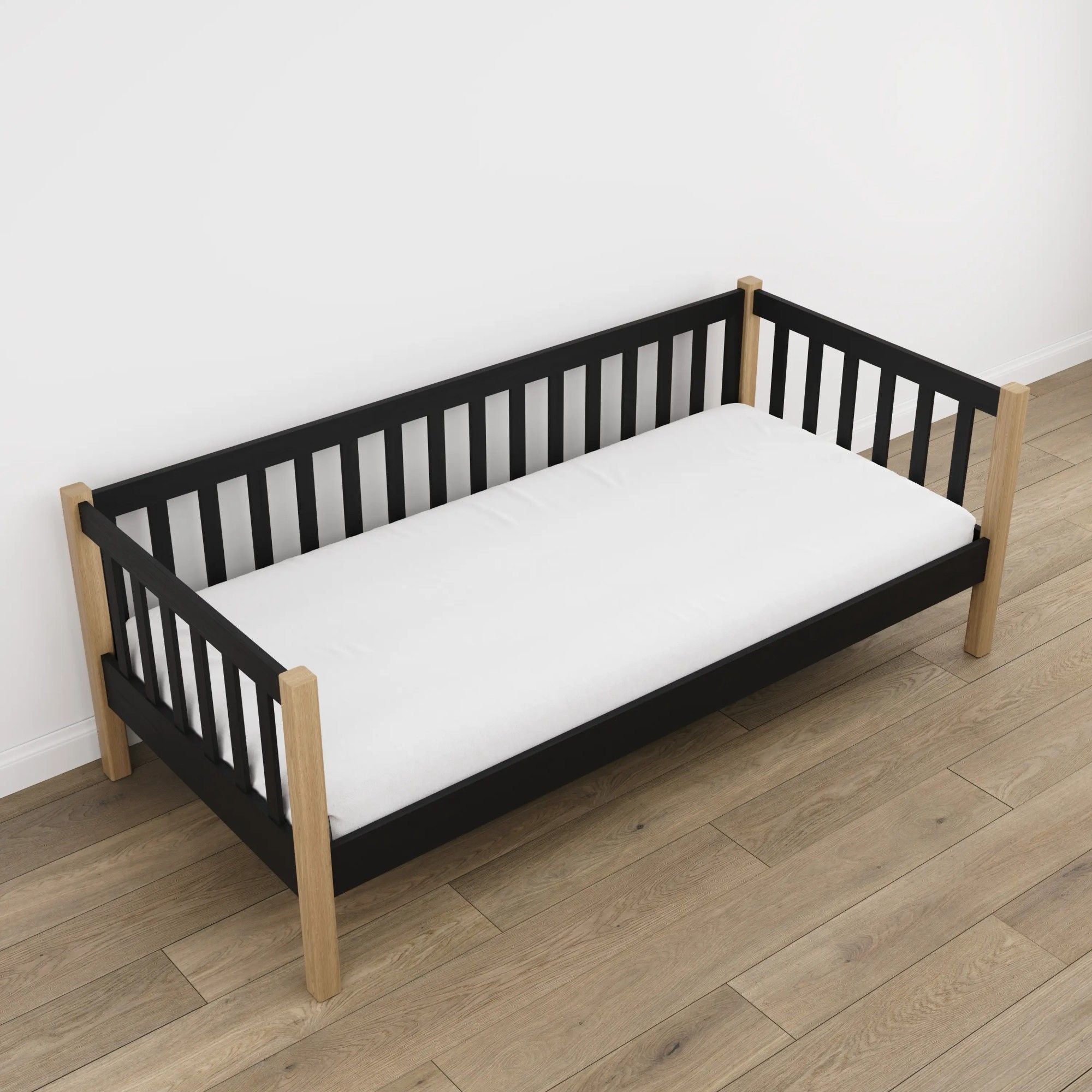 Sofa-Bett schwarz mit Eiche – Beine und Basis Holz, Nahaufnahme der Details