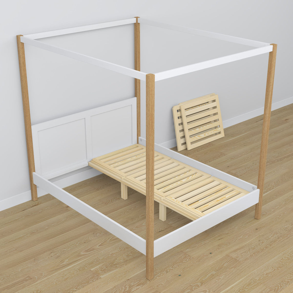 Bett mit Baldachin Weiß-Eiche aus Holz – Schrägansicht, Schlafzimmer
