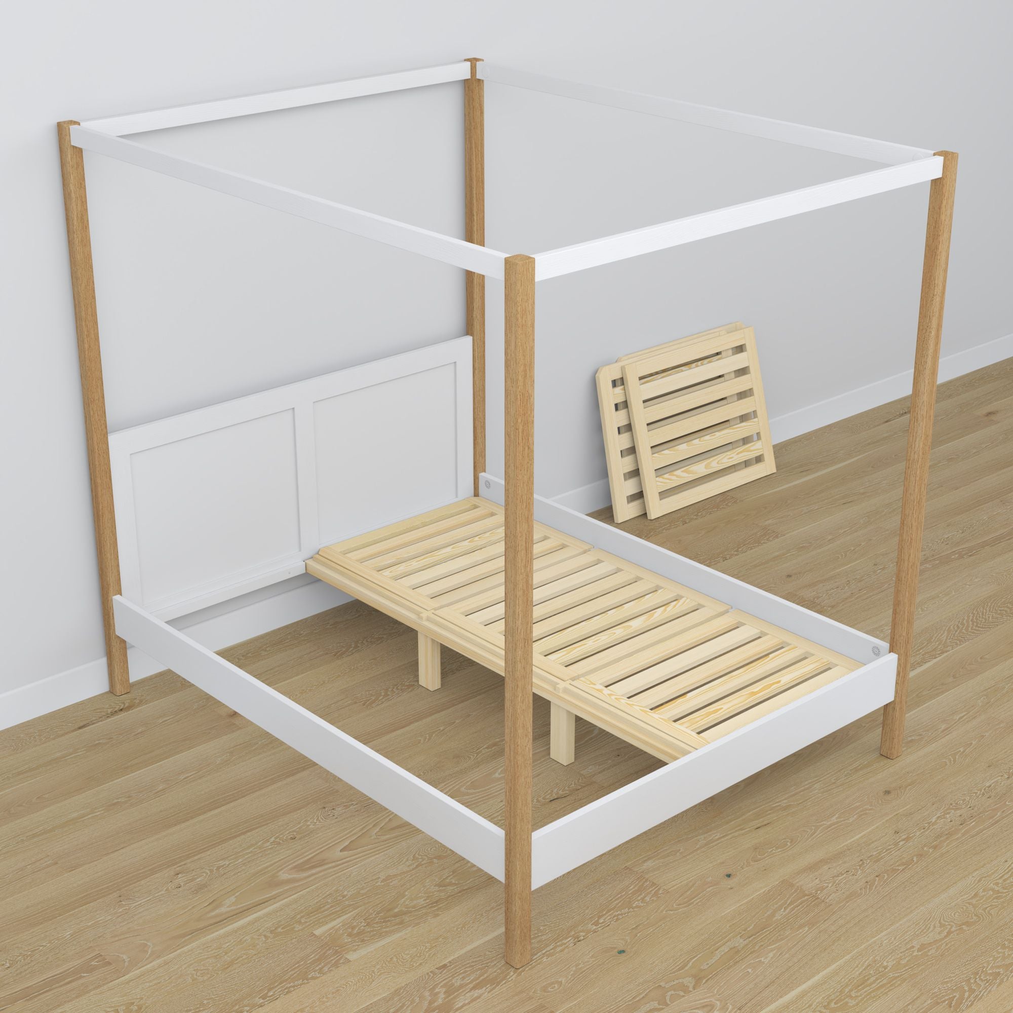 Bett mit Baldachin Weiß-Eiche aus Holz – Schrägansicht, Schlafzimmer