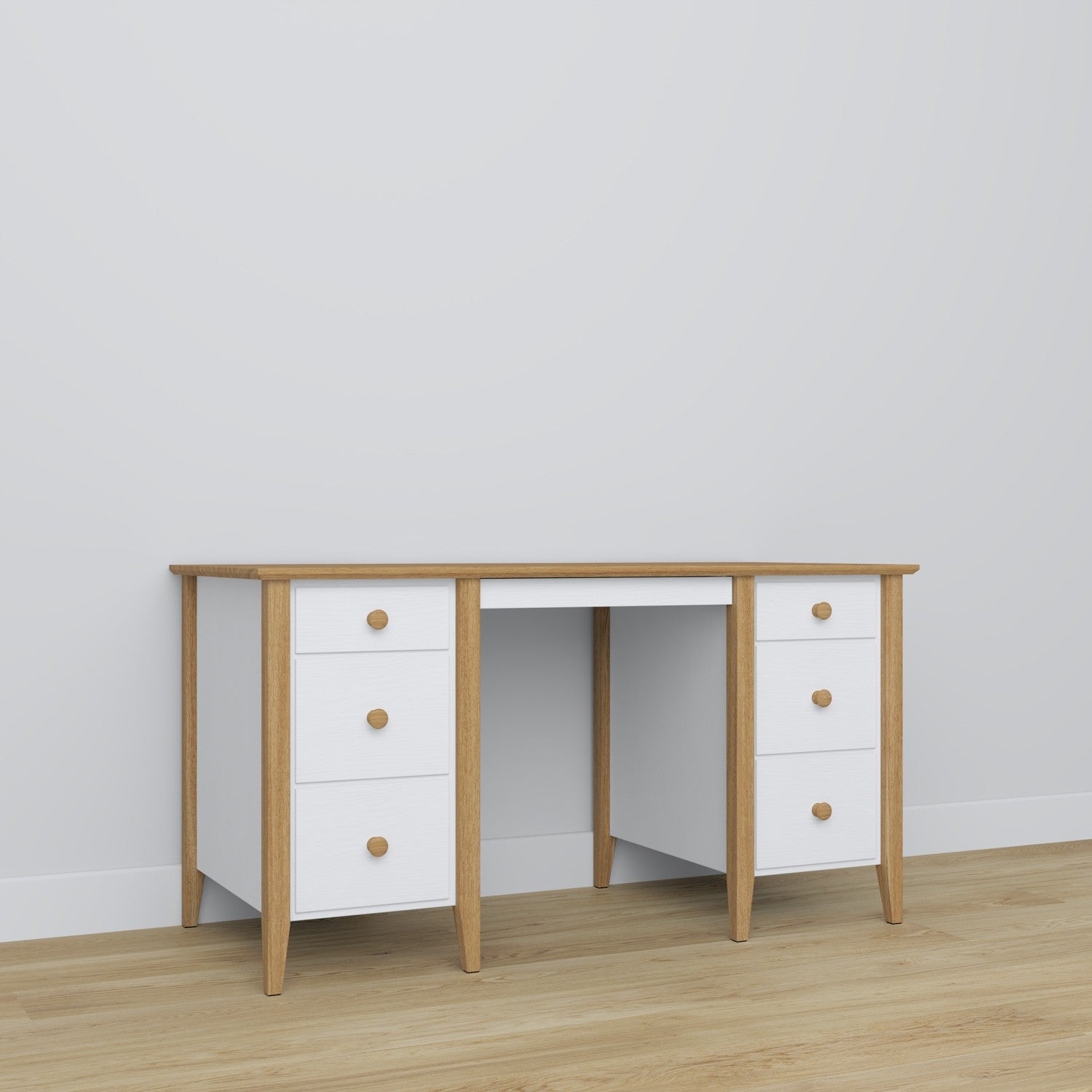 Bureau 6S blanc avec chêne – en bois, plateau large, vue frontale, Nizio