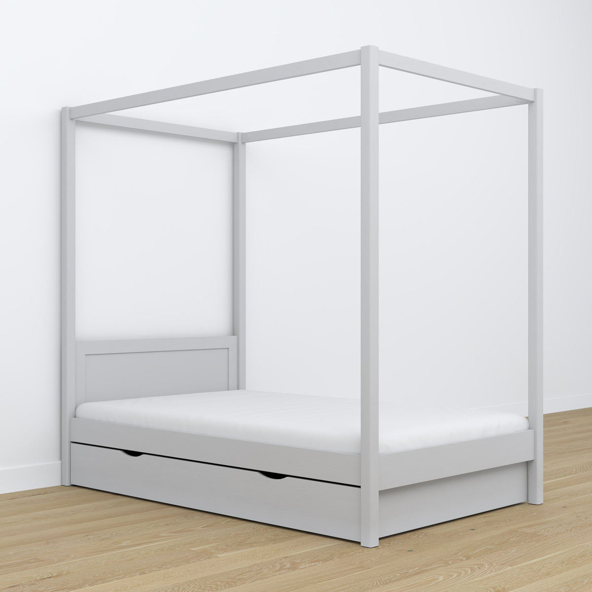 Wooden grey canopy bed in a child’s room – scandi arrangement