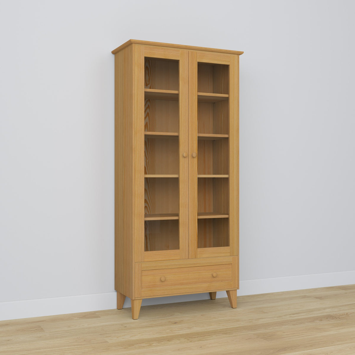 Vitrine 1S 90 pin naturel – en pin, portes vitrées, vue frontale