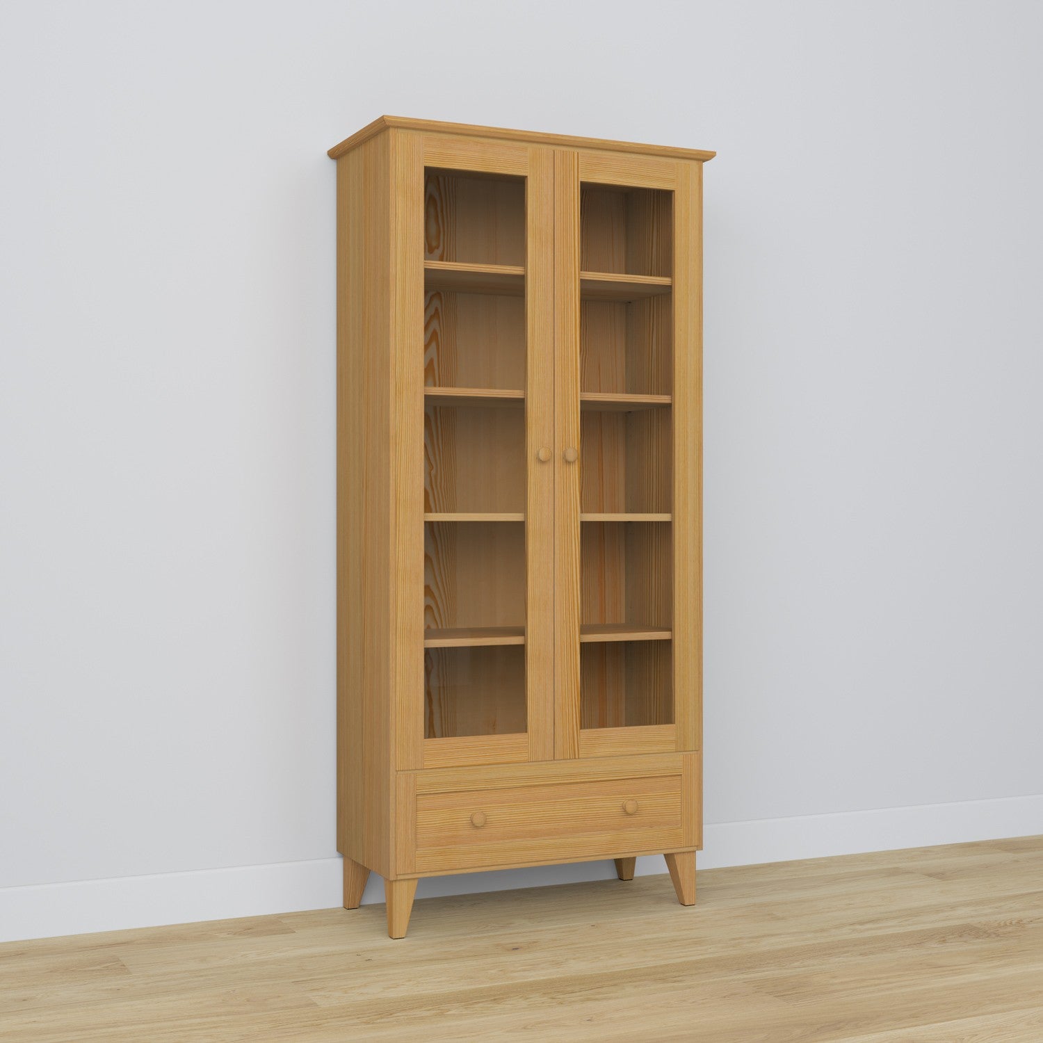 Vitrine 1S 90 pin naturel – en pin, portes vitrées, vue frontale
