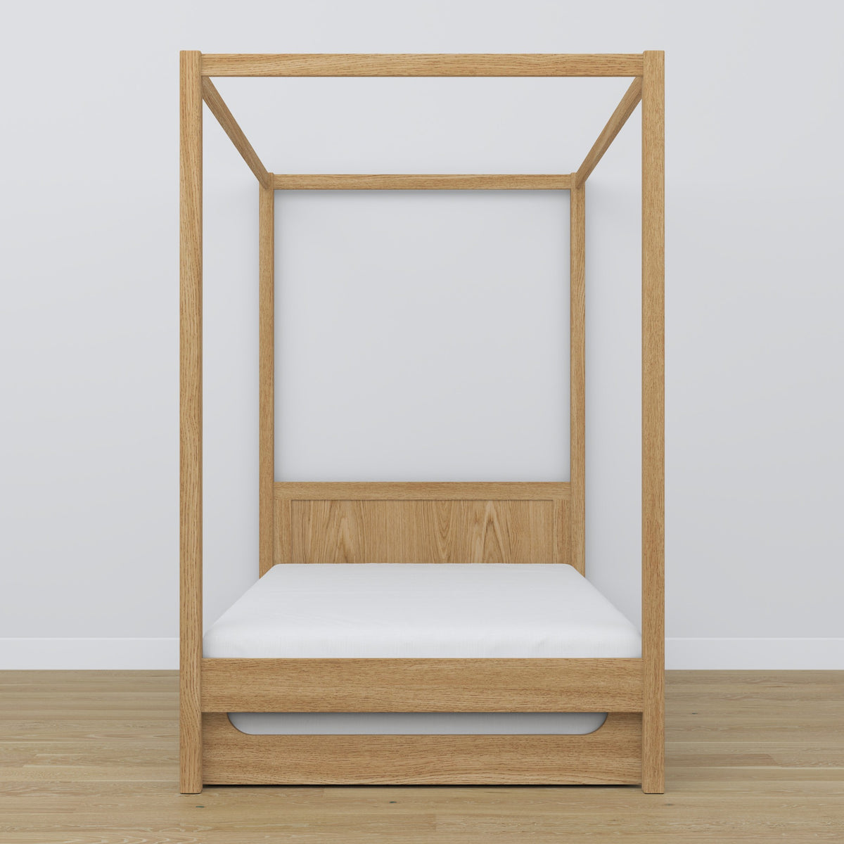 Natural Oak Canopy Bed with Drawer – Side View, Oak, Nizio