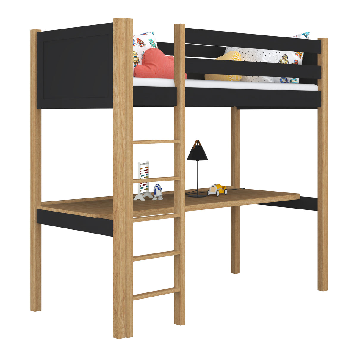 Black and Oak Wooden Loft Bed with Desk – Children’s Room, Scandi Nizio