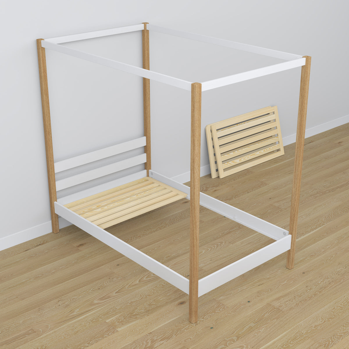 Lit blanc-chêne avec baldaquin dans la chambre d'enfant – décoration scandinave