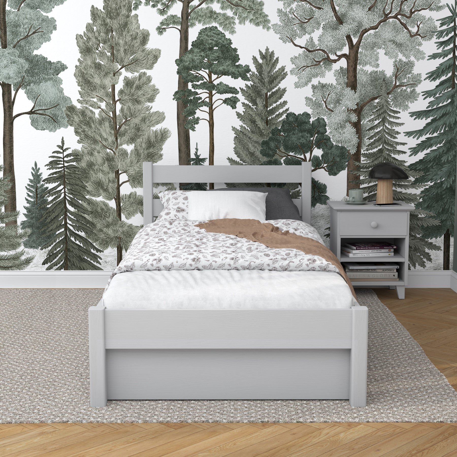 Bett aschgrau mit Schublade – Seitenansicht, Holz, Nizio Home
