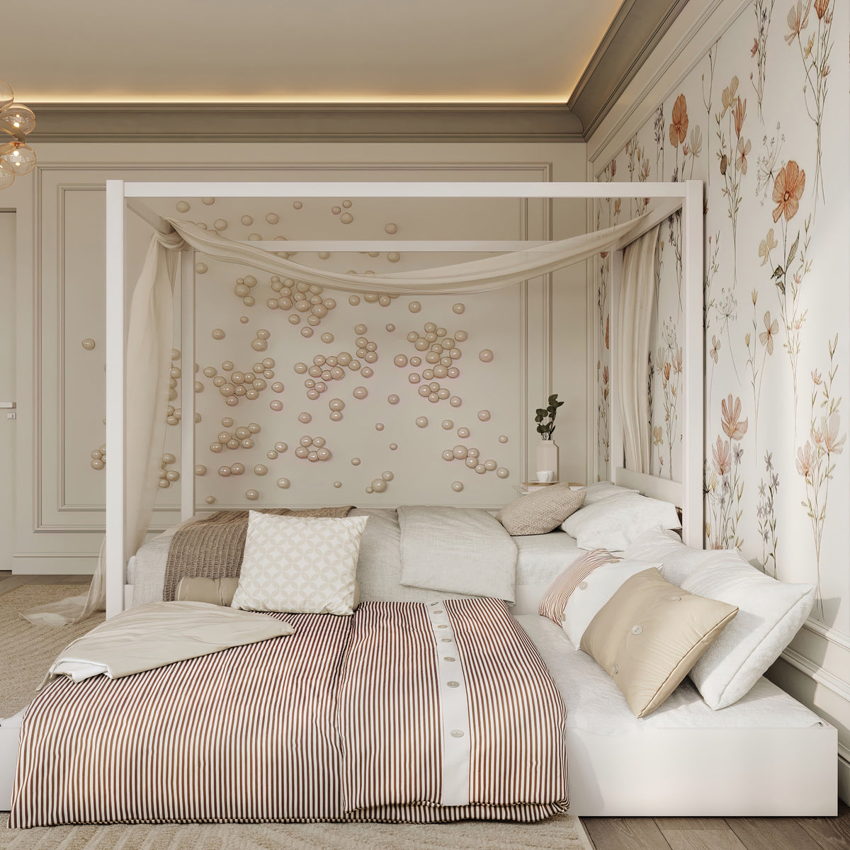 Lit à baldaquin en bois blanc – tiroir sorti, place pour un invité