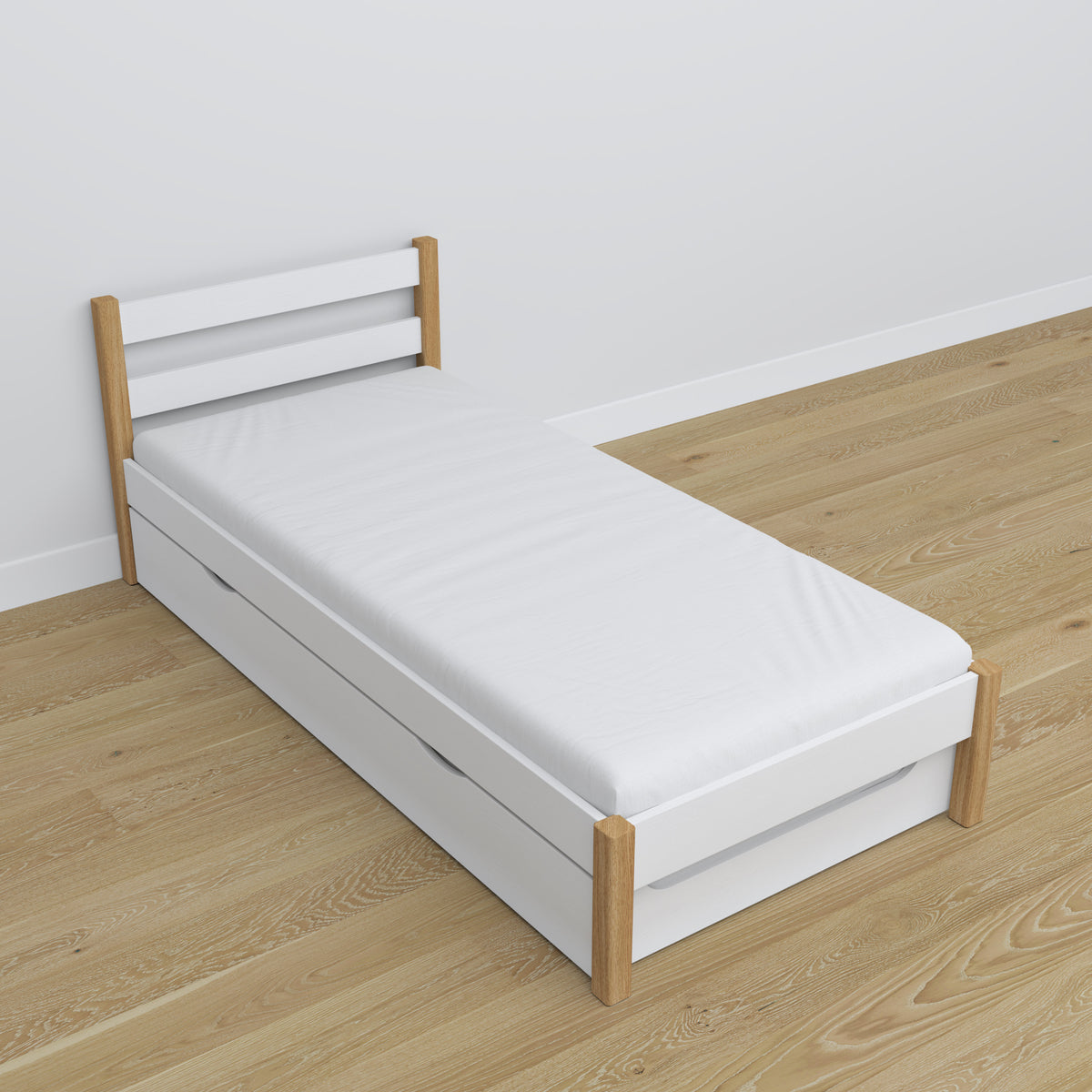 Bett mit Schublade für Matratze weiß-eiche aus Holz – Maße, Nizio
