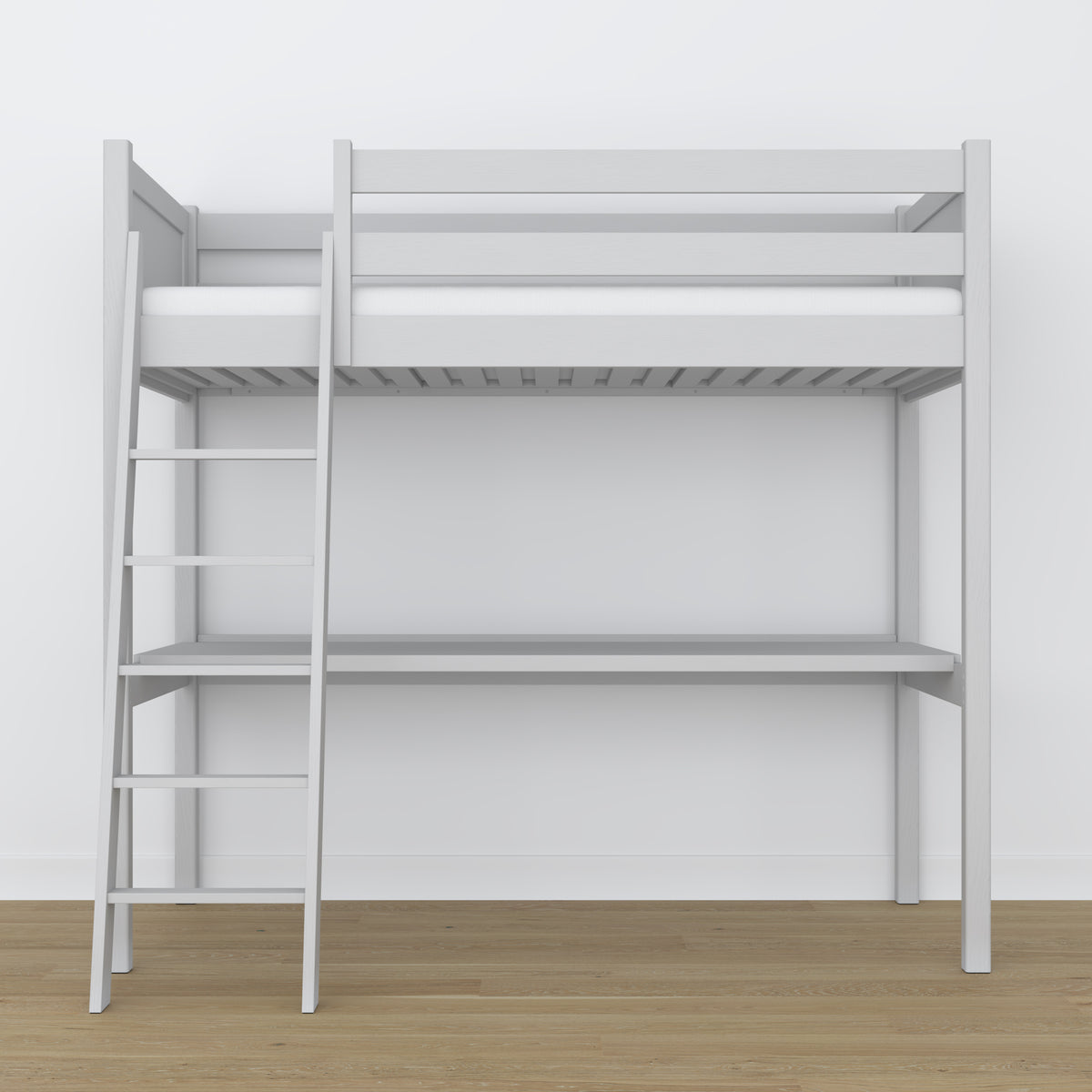 Loft bed grey with desk – study space under the sleeping area, wooden