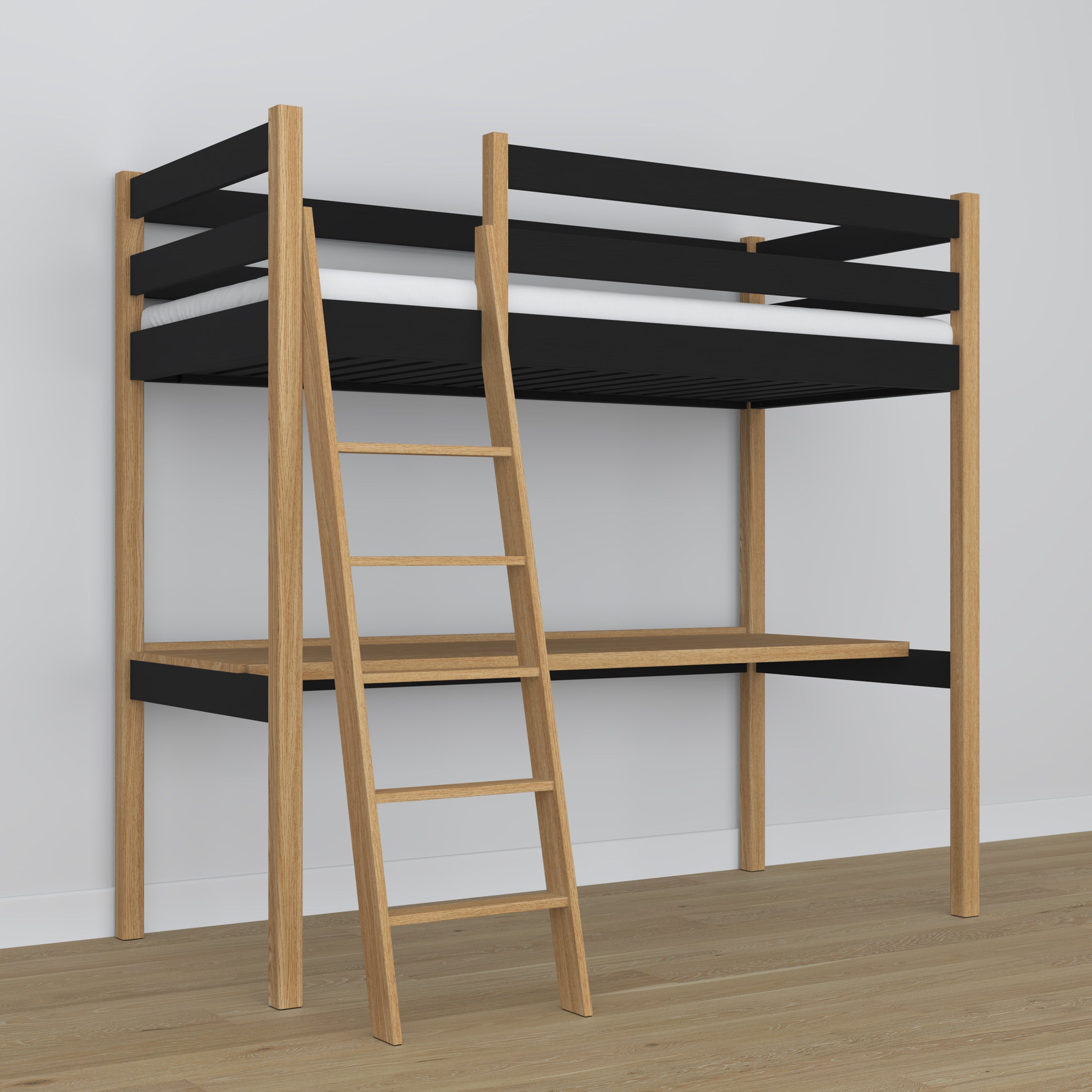 Hochbett aus Holz schwarz-eiche mit Schreibtisch – Rahmen und Latten, Nizio