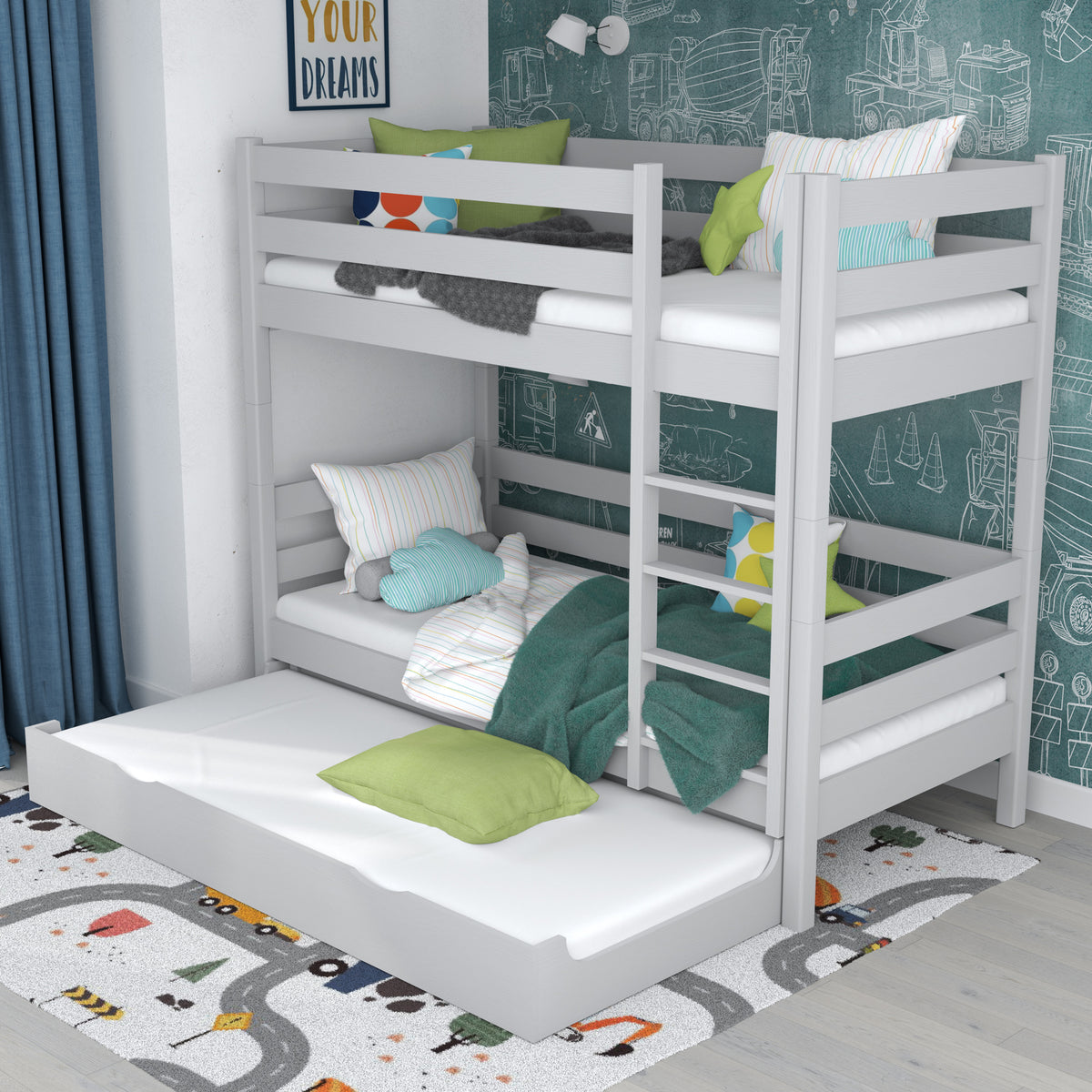 Lit superposé gris pour enfants – tiroir na matelas, en bois, Nizio