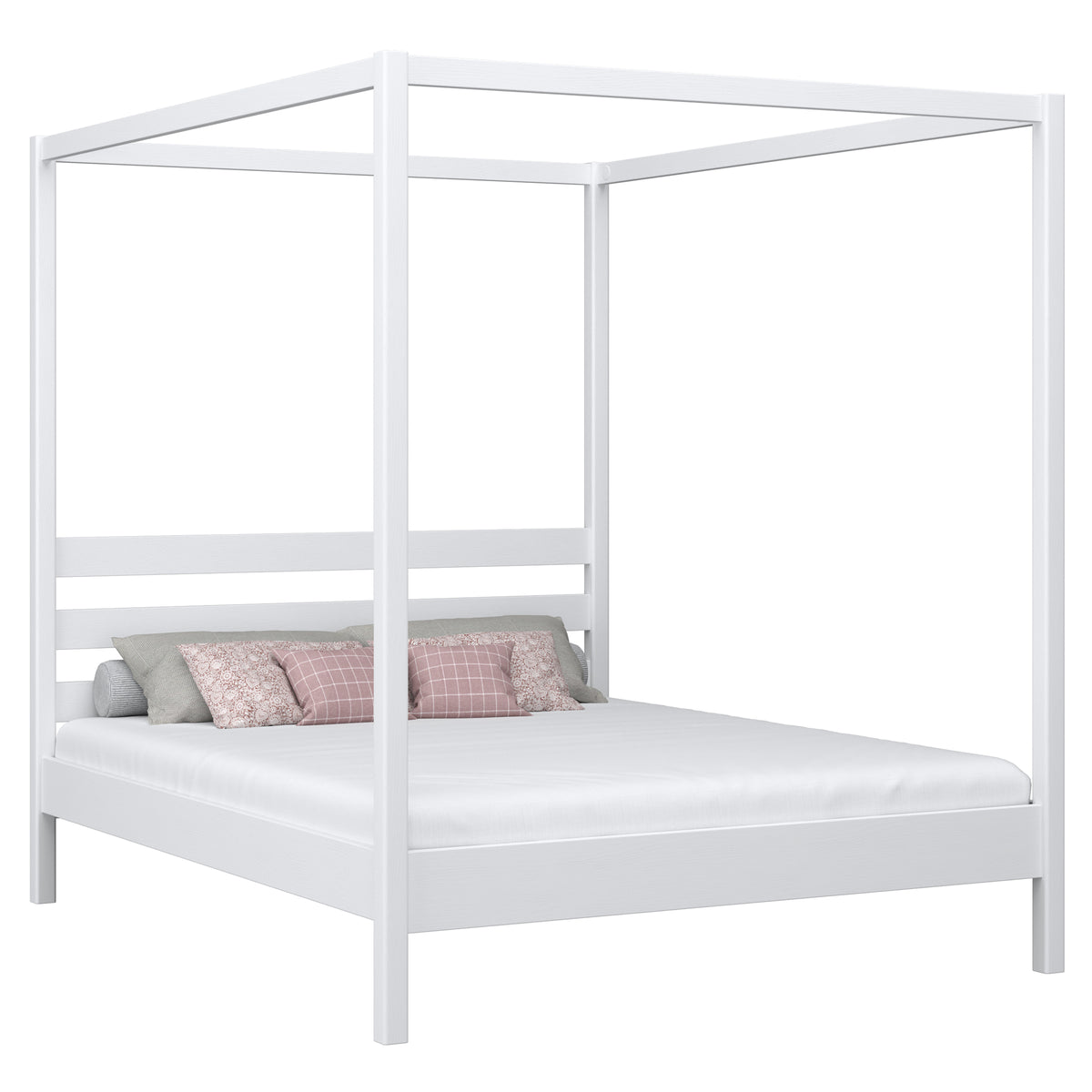 En bois lit double à baldaquin N01 blanc – vue générale, bois massif en pin