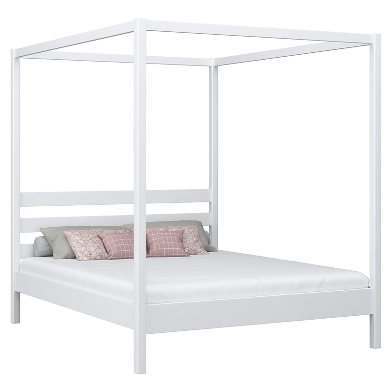 En bois lit double à baldaquin N01 blanc – vue générale, bois massif en pin
