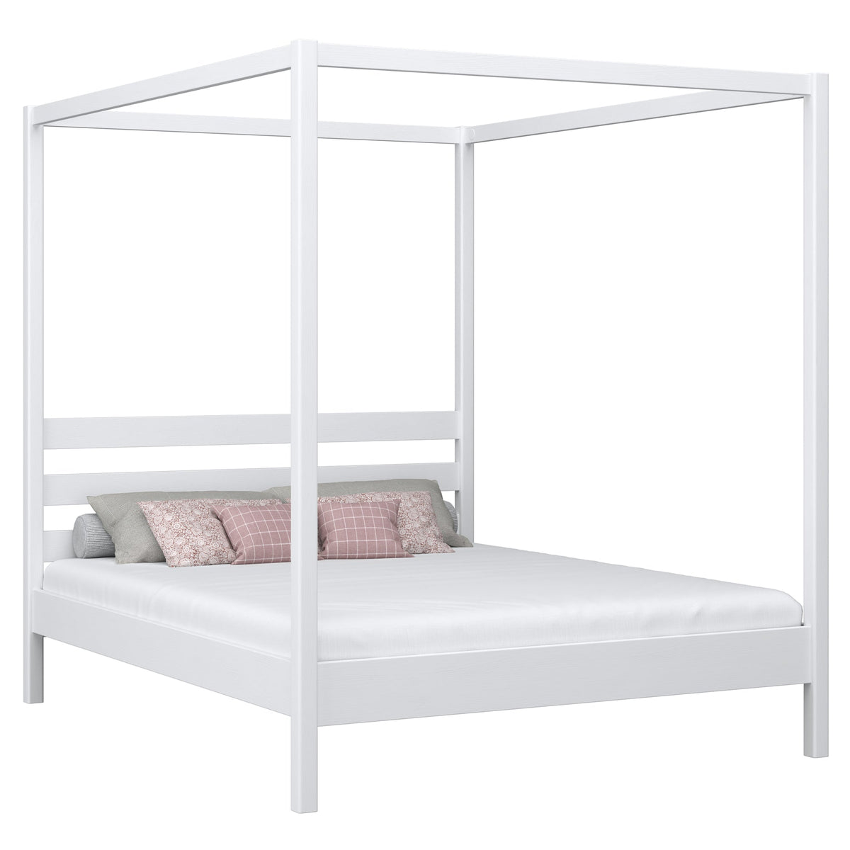 Lit double à baldaquin blanc – sommier i lattes, en bois, Nizio