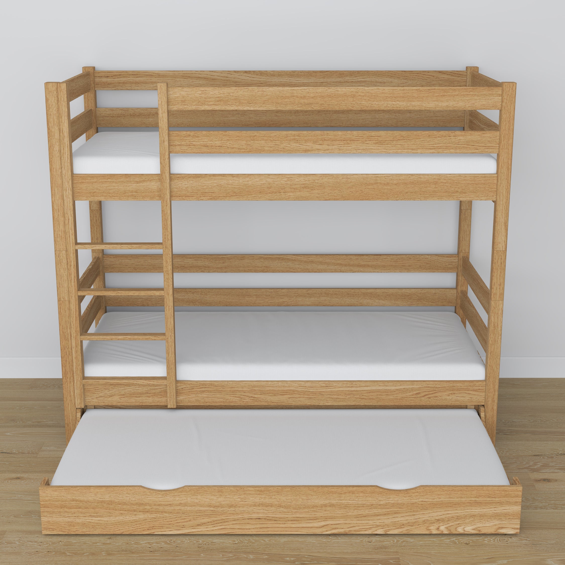 Lit superposé chêne naturel – sommier en chêne à lattes, tiroir na matelas