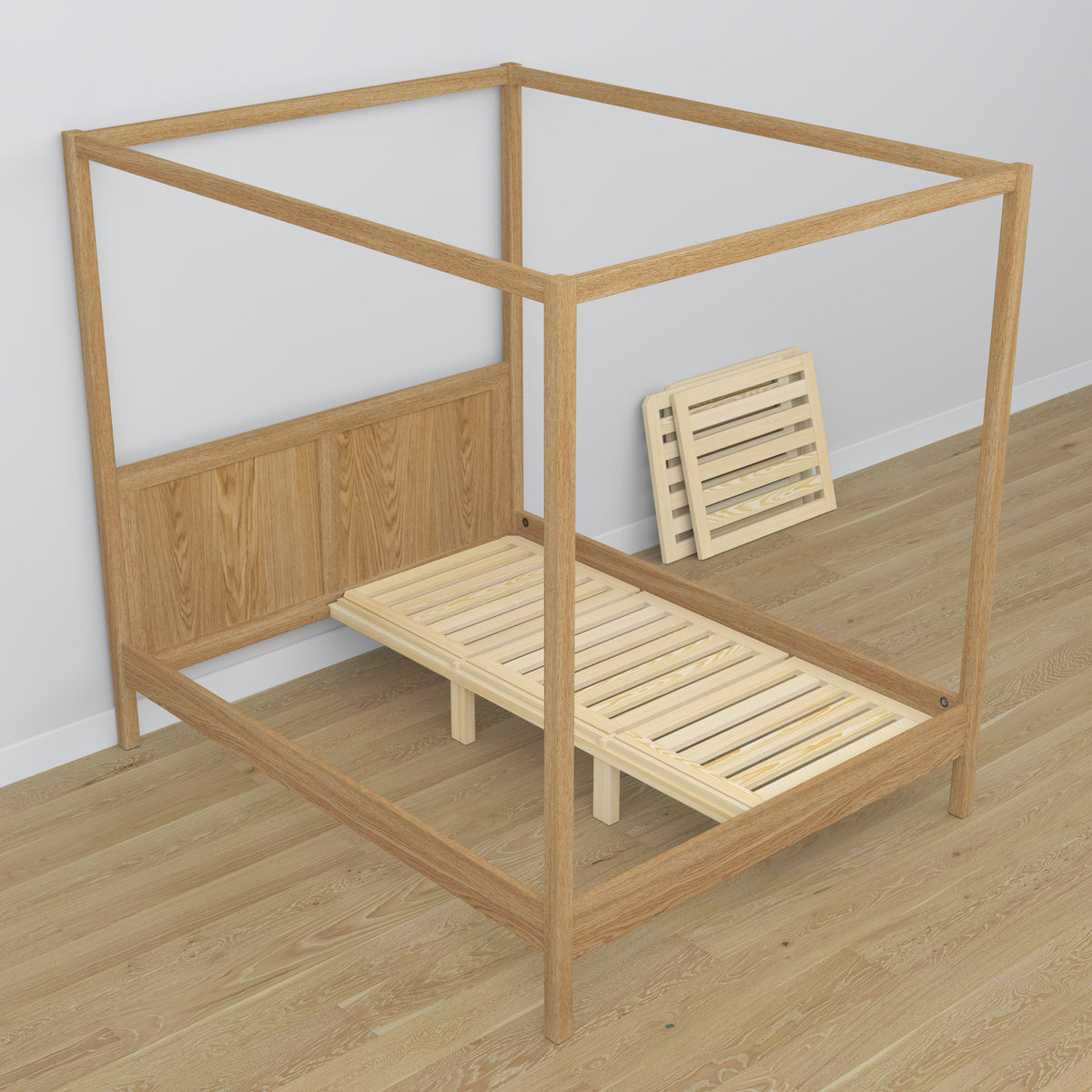 Natural oak canopy bed made of oak – side view, scandi style