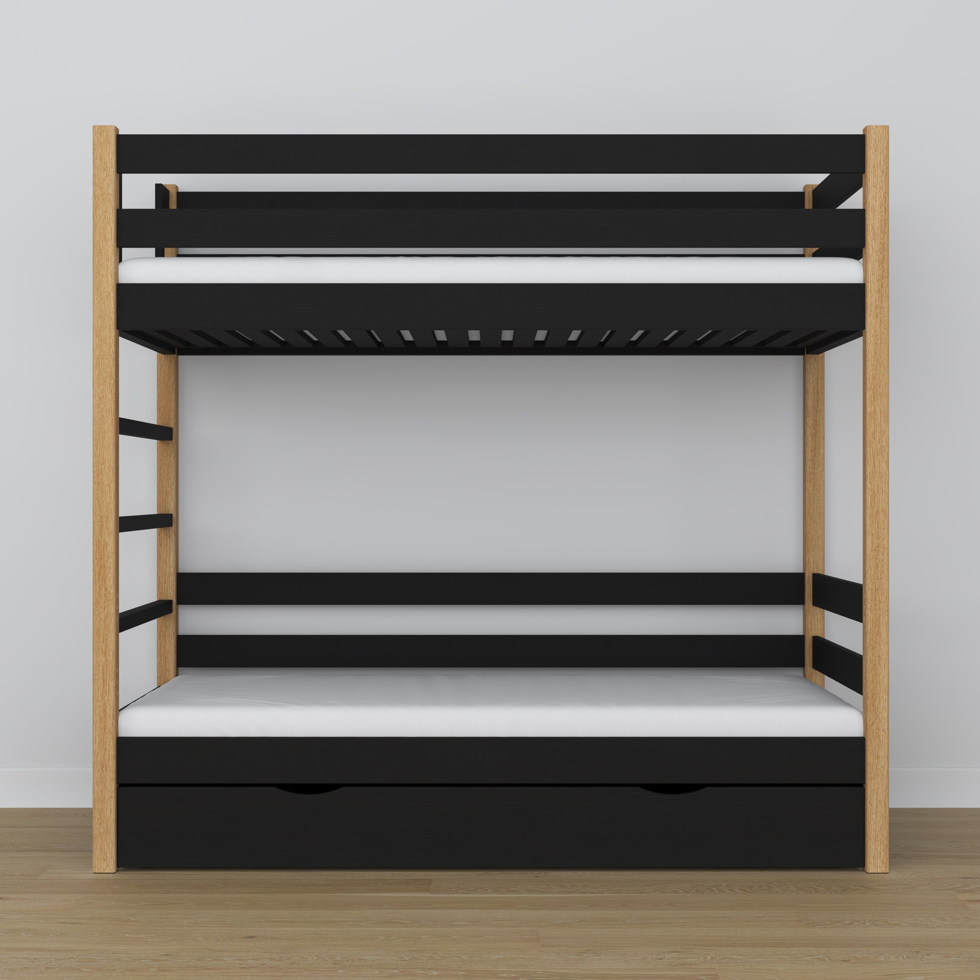 Lit superposé noir-chêne – sommier en bois à lattes, vue de côté