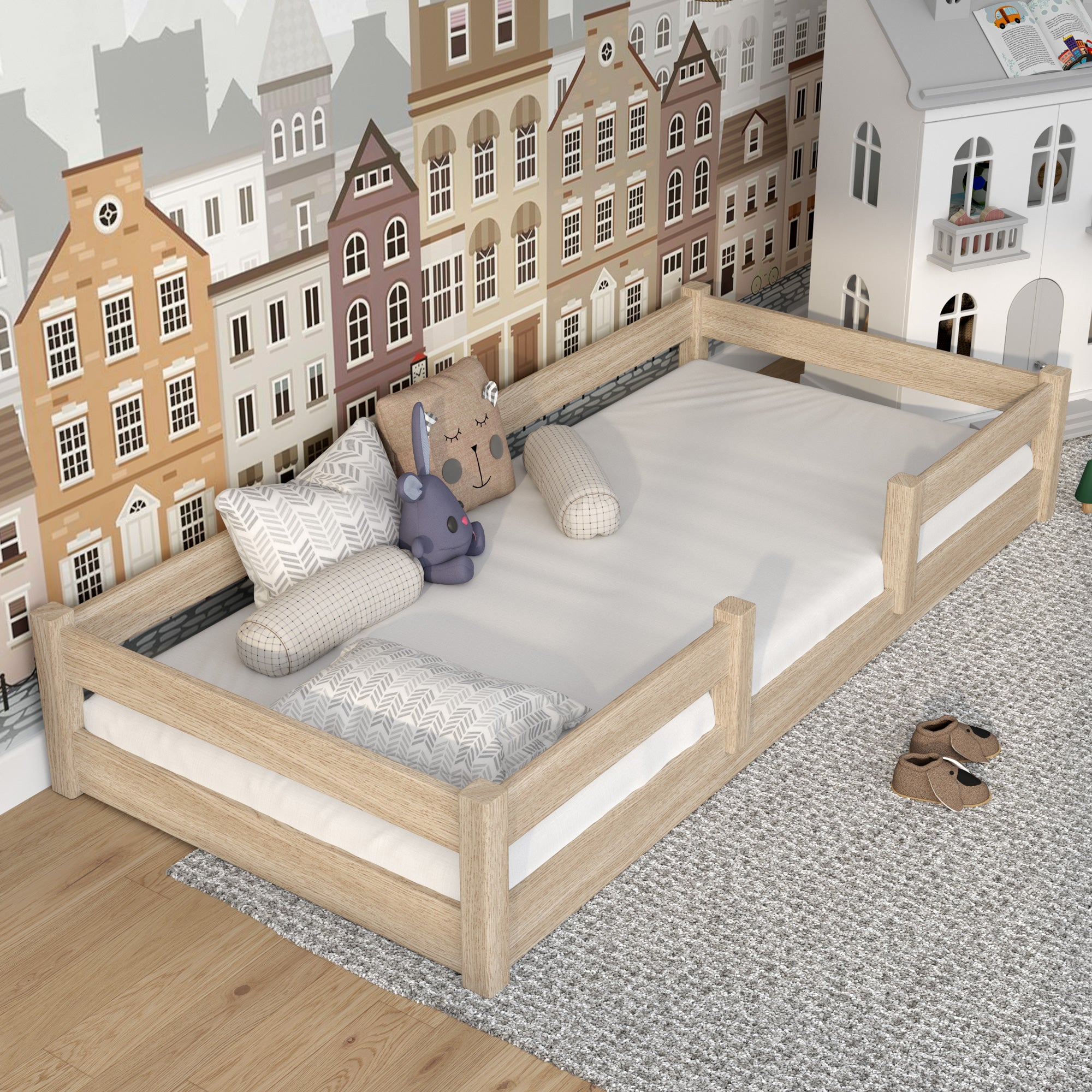 Niedriges Eichenbett gebleichte Eiche – niedriger Rahmen, Seitenansicht, Scandi-Schlafzimmer