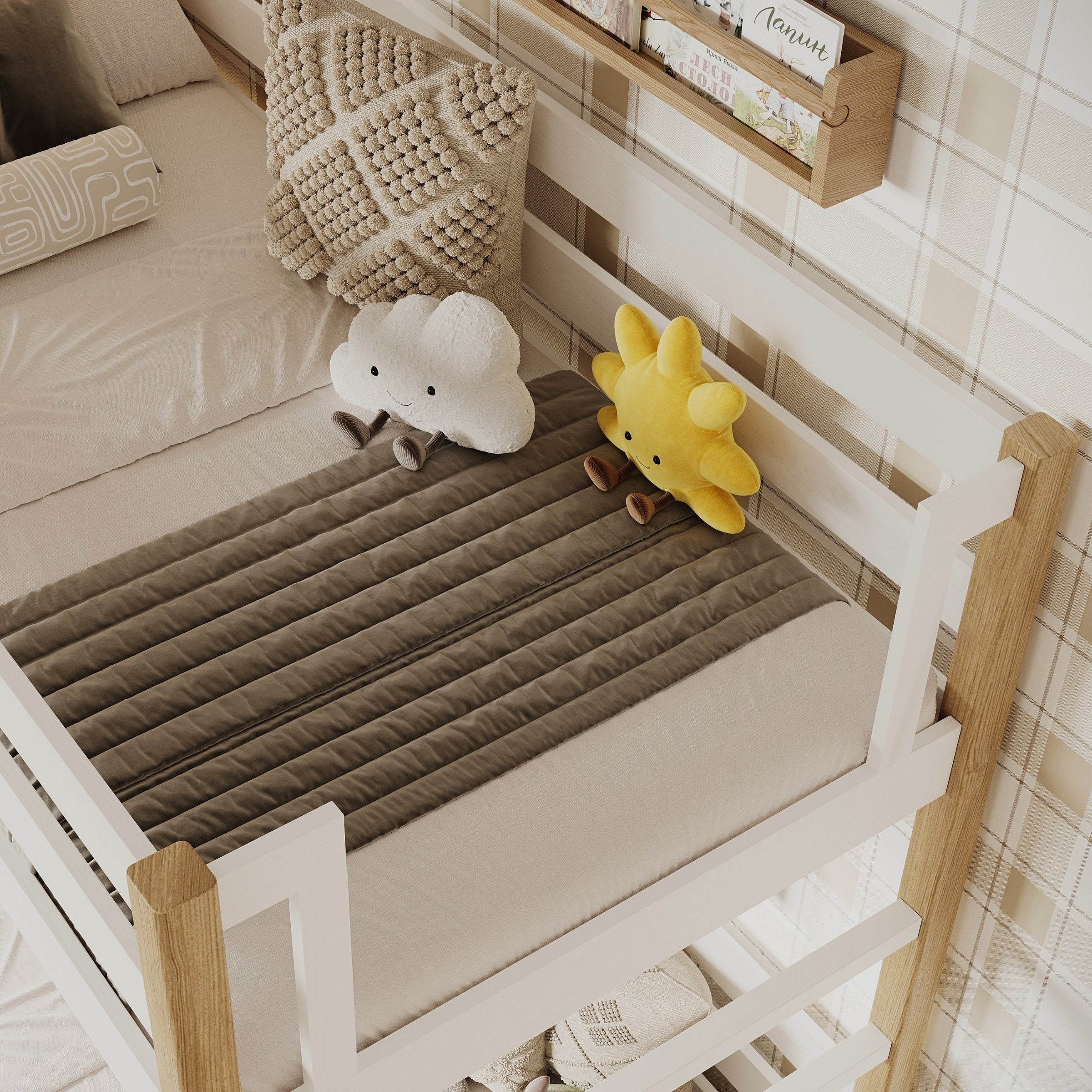 White and Oak Bunk Bed for Children – Mattress Drawer, Wooden, Nizio