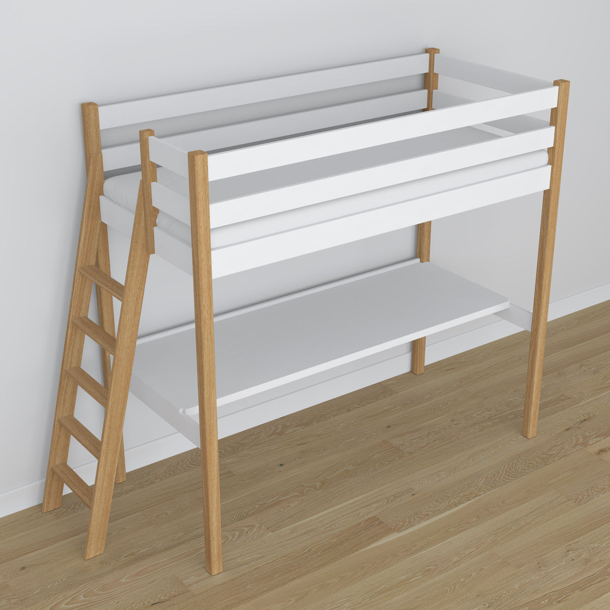 Lit mezzanine avec bureau en bois blanc-chêne – détails des assemblages et de l'échelle