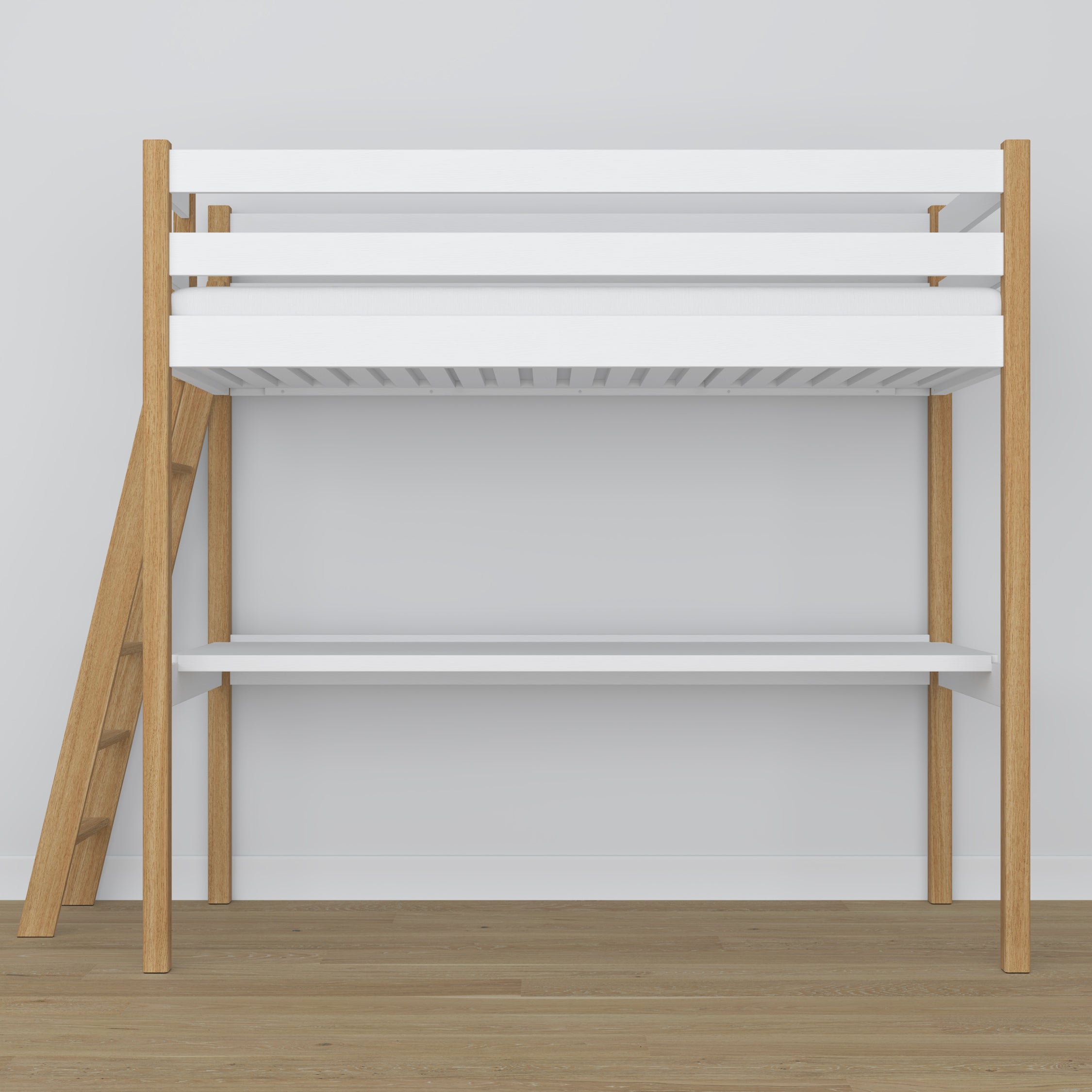 Lit mezzanine blanc-chêne avec bureau – espace d'apprentissage sous la chambre, en bois