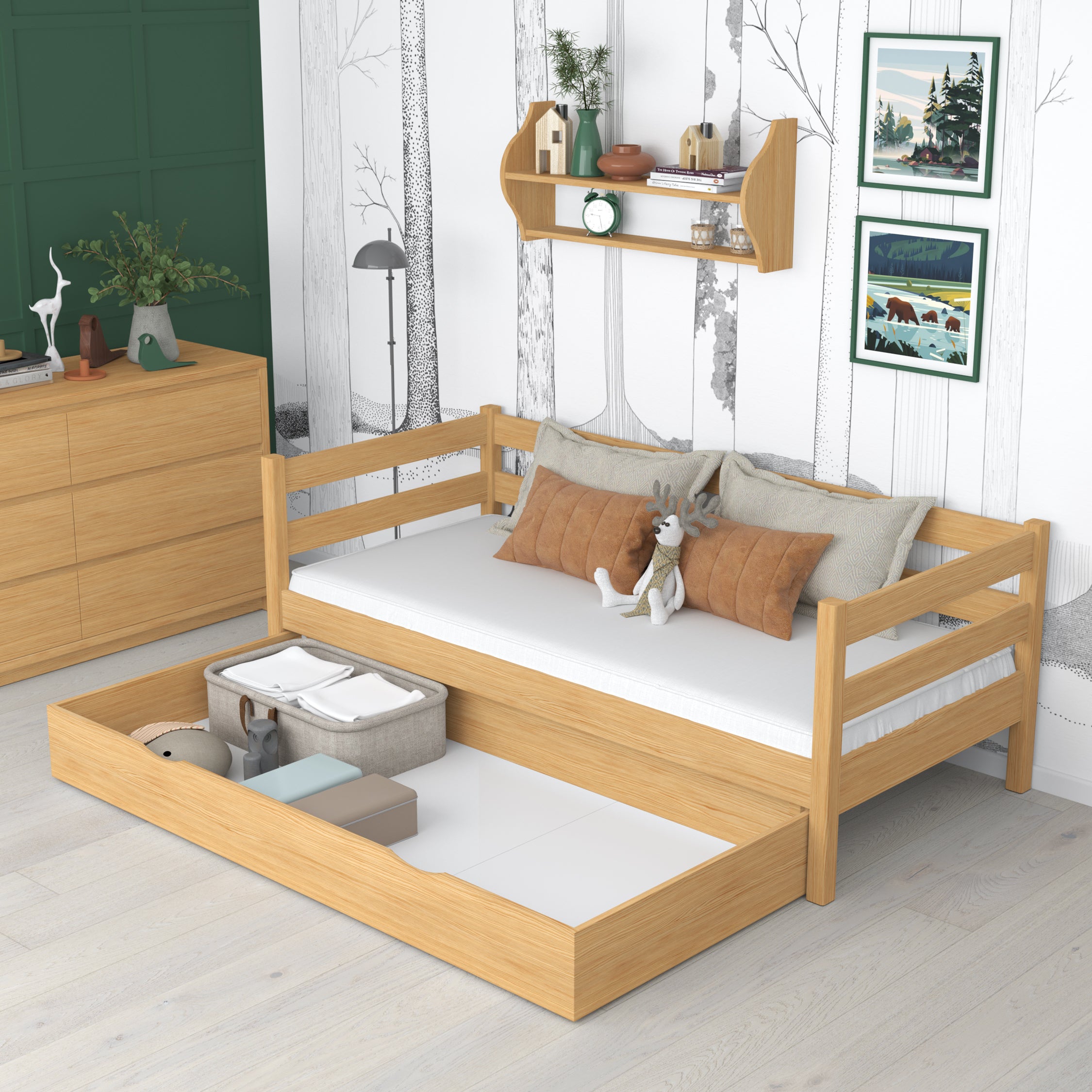 Sofa-lit pin naturel z tiroir – rangement spacieux, en bois, Nizio