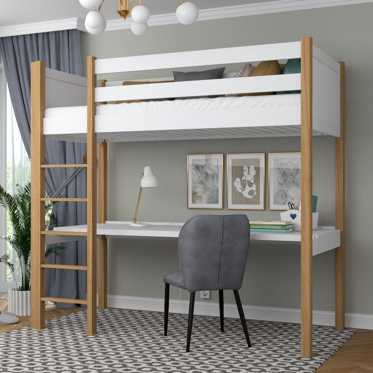 White and Oak Wooden Loft Bed with Desk – Ladder and Safety Rail