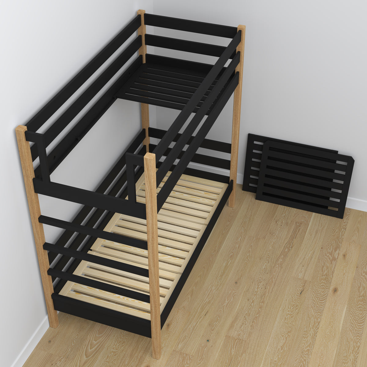 Black and Oak Wooden Bunk Bed – Dimensions and Diagram, Nizio