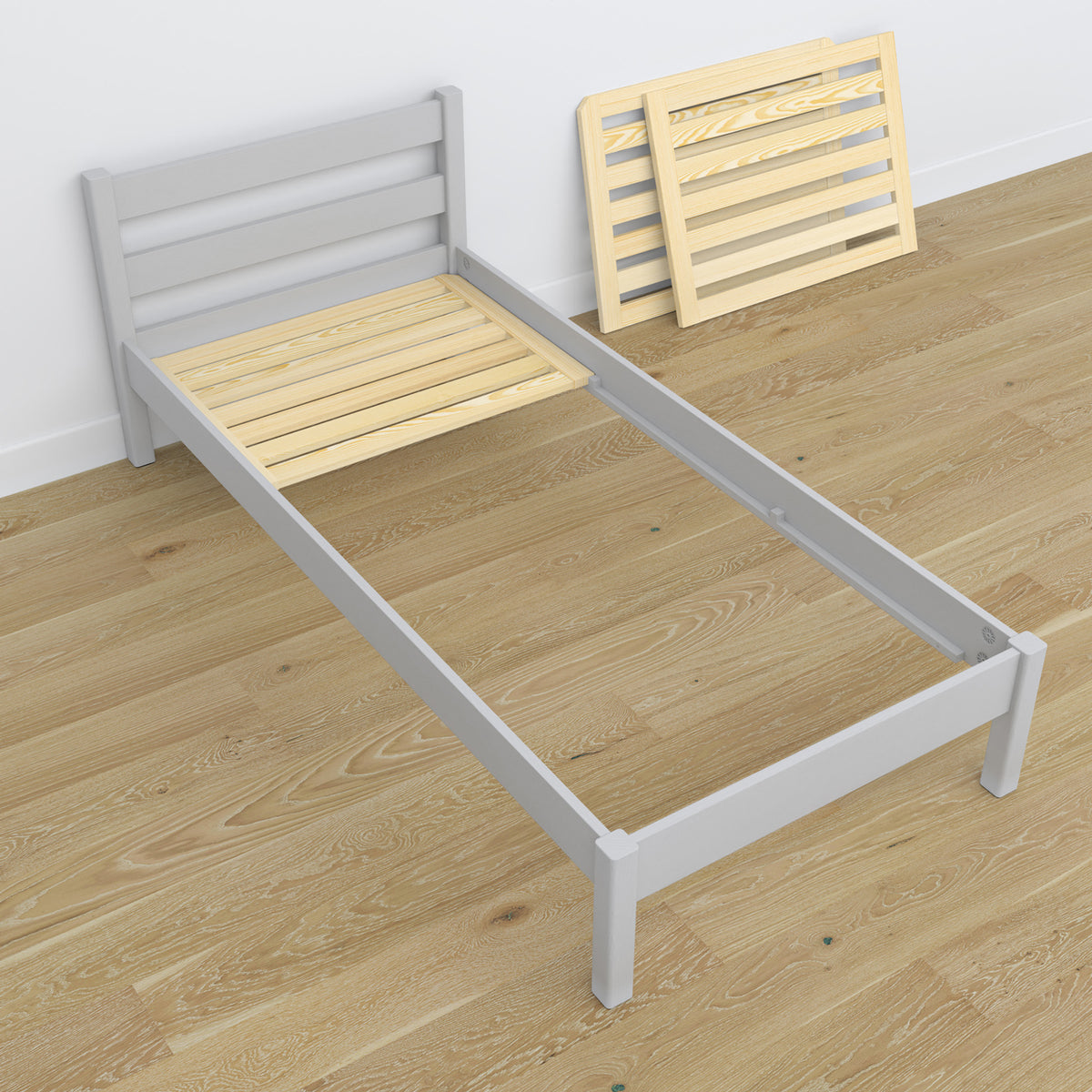 Bett mit Schublade aus Holz Aschgrau – Kopfteil, Nahaufnahme der Holzqualität