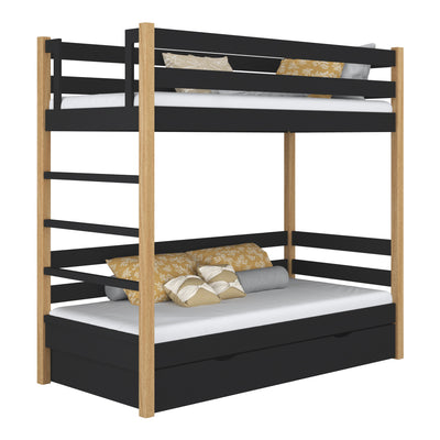 Black and Oak Wooden Bunk Bed with Drawer – Children’s Room, Solid Wood, Scandi