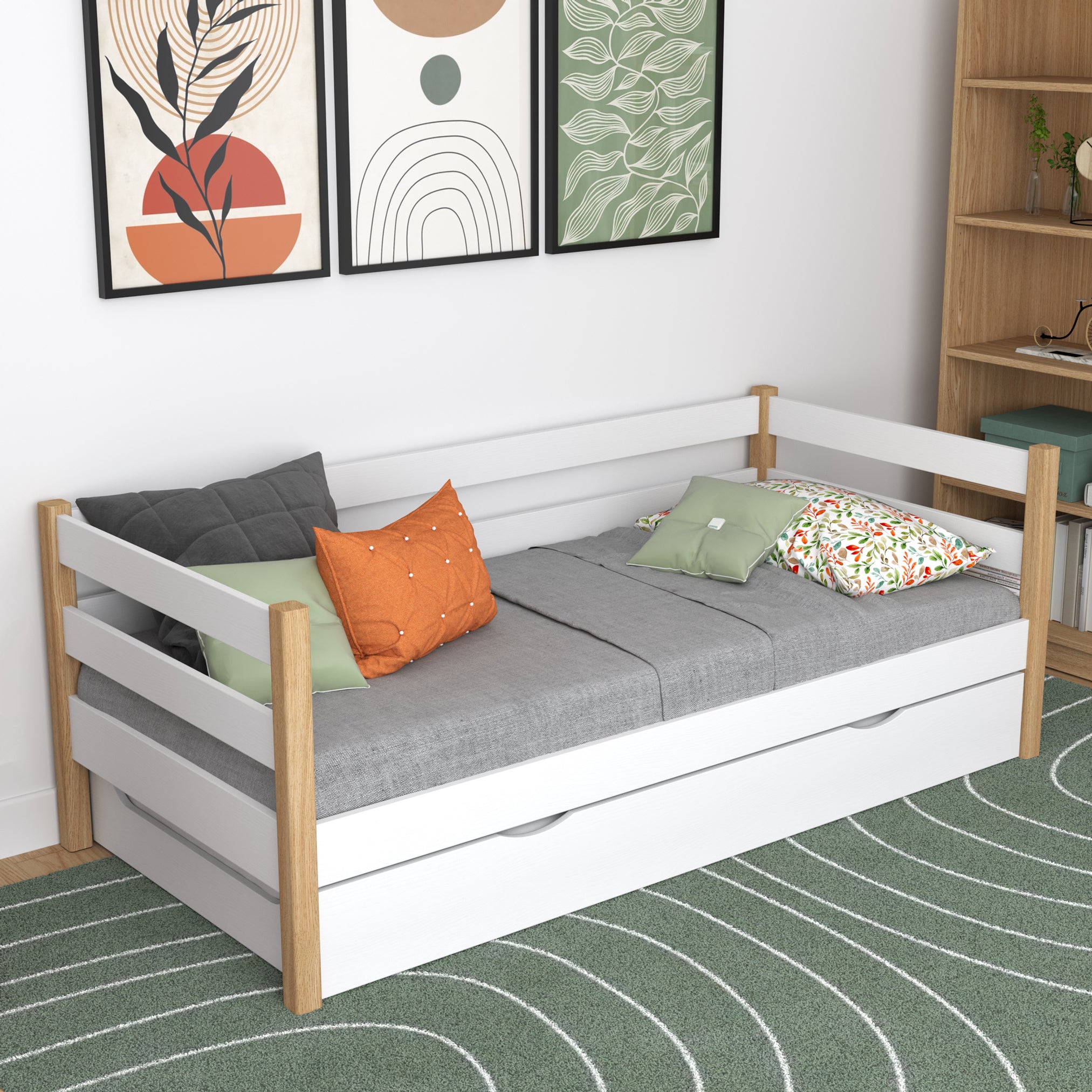 Sofa-Bett weiß-Eiche mit Schublade für Matratze – Holz, Nizio Home