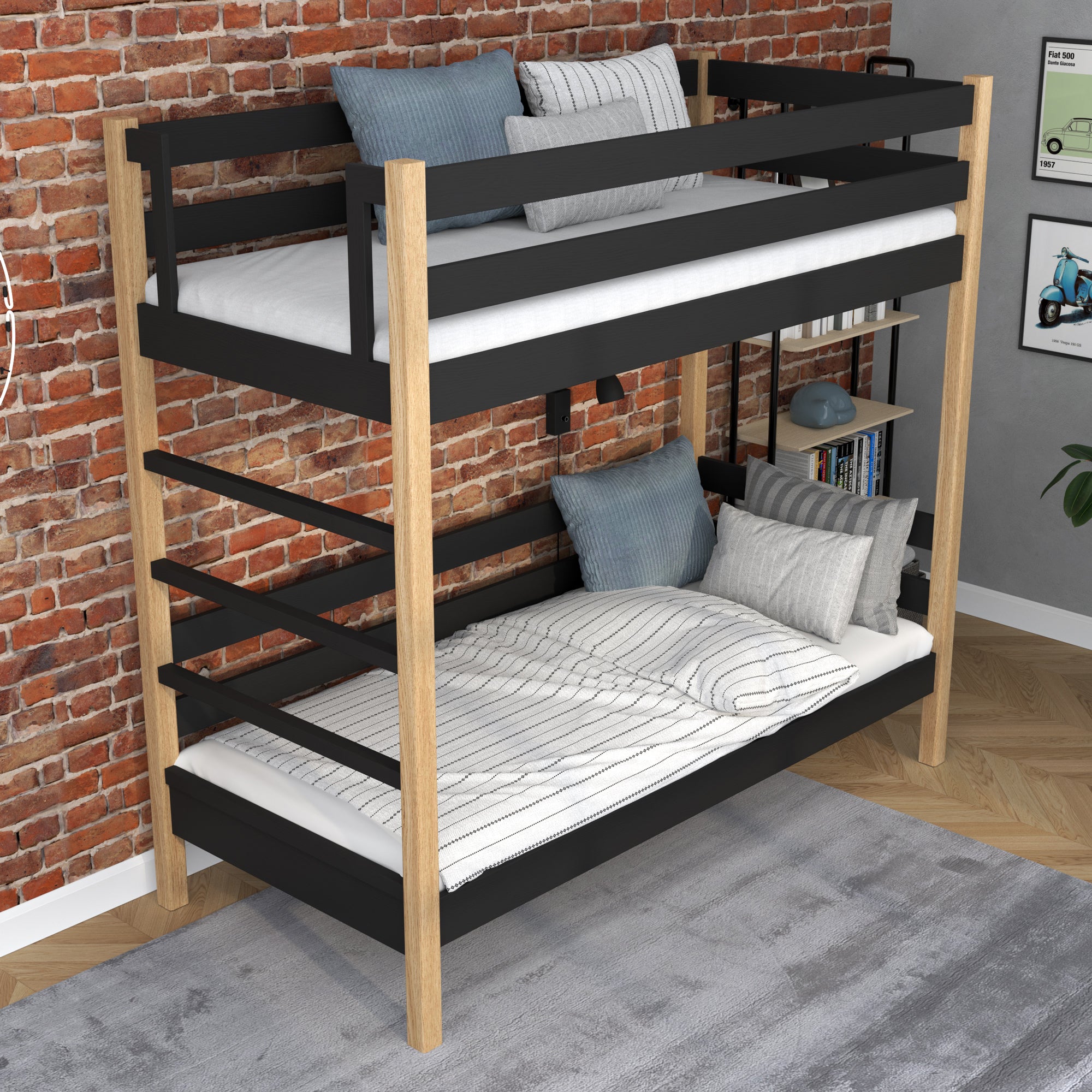 Black and Oak Bunk Bed in Children’s Room – Scandi Arrangement, Wooden