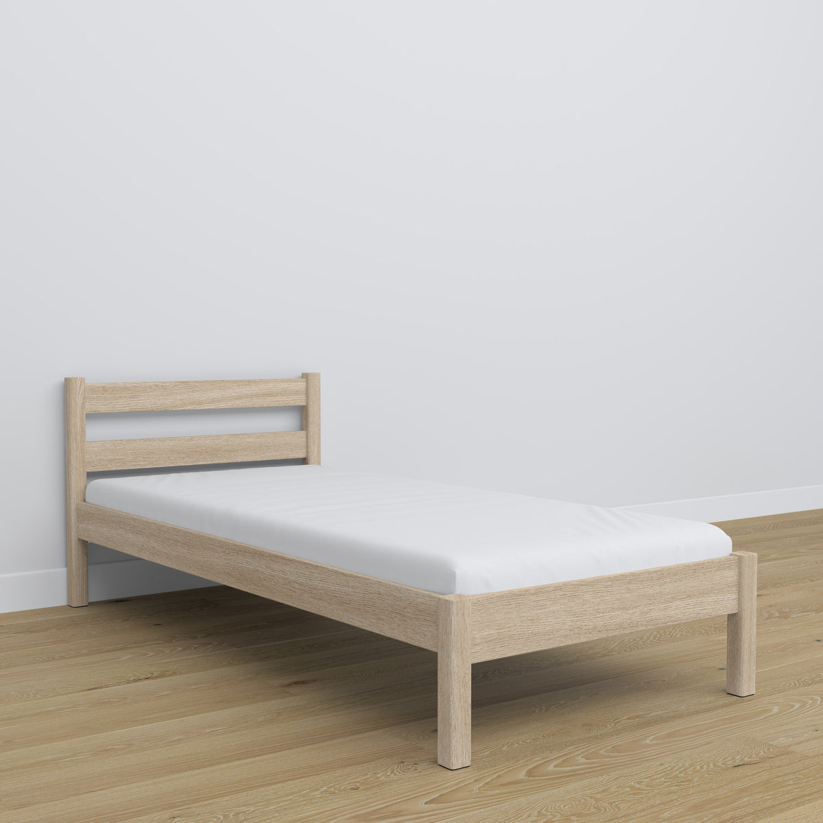 Einzelbett aus Eiche weiß gebeizt – Details der Verbindungen und des Holzes, Nizio Home