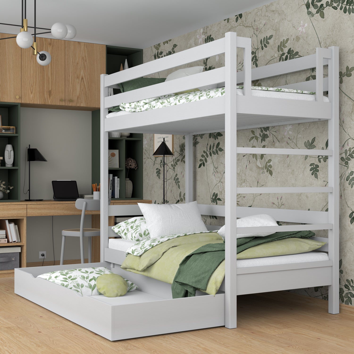 Holz-Etagenbett grau – offene Schublade, geräumiges Staufach unter dem Bett