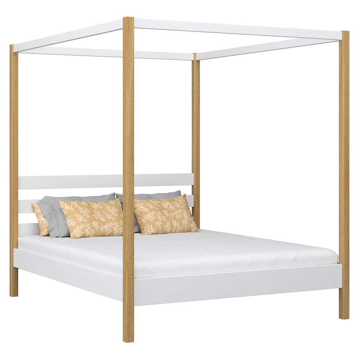 Double bed with canopy white and oak – wooden slatted frame and slats, Nizio