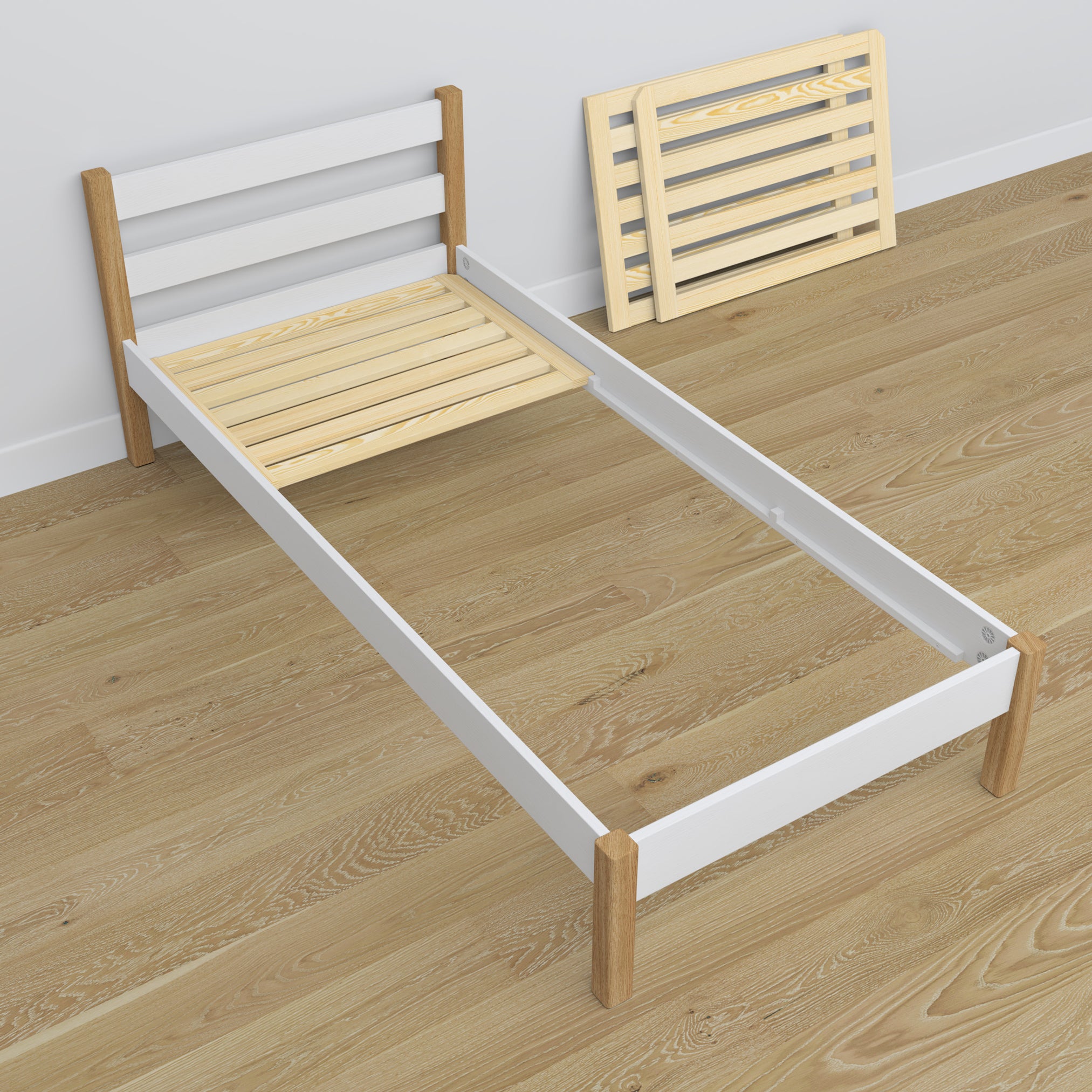 Einzelbett aus Holz weiß-eiche – Schrägansicht, Scandi-Kinderzimmer