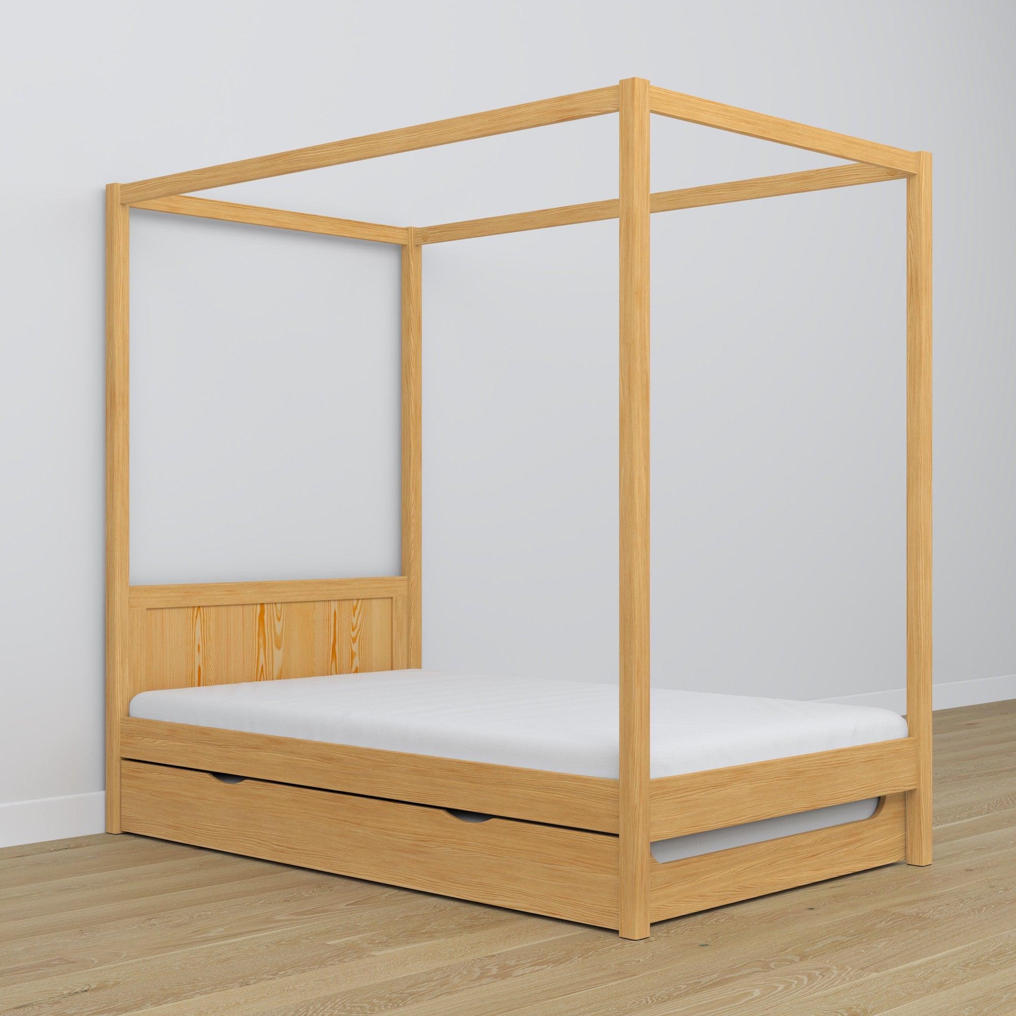 Natural pine canopy bed – drawer for additional mattress, wooden