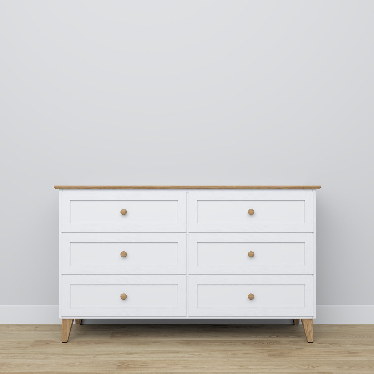 Commode 6S blanc avec chêne en bois – vue de côté, profondeur i profil