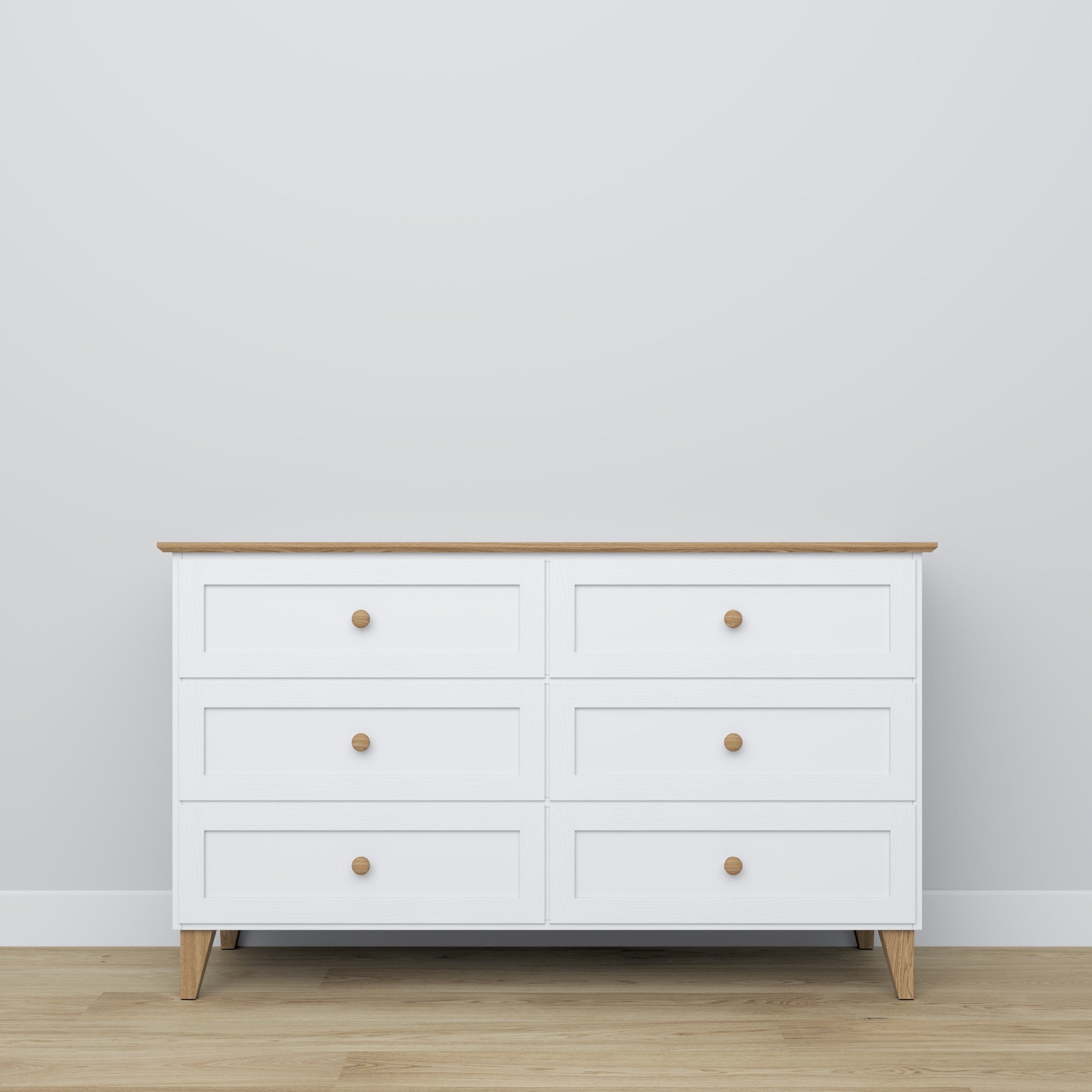 Commode 6S blanc avec chêne en bois – vue de côté, profondeur i profil