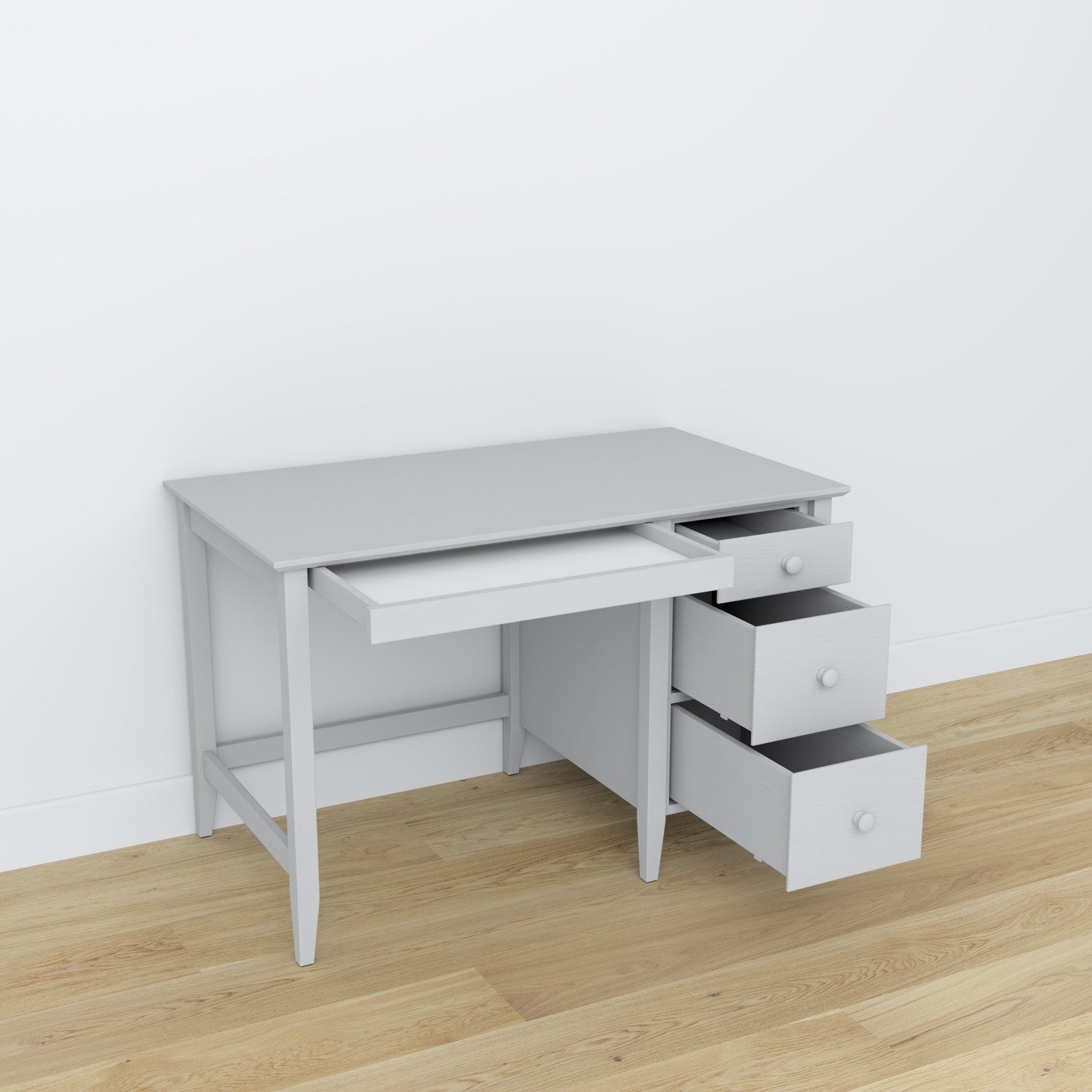 Bureau 3S en bois gris – tiroirs ouverts, rangements pour documents