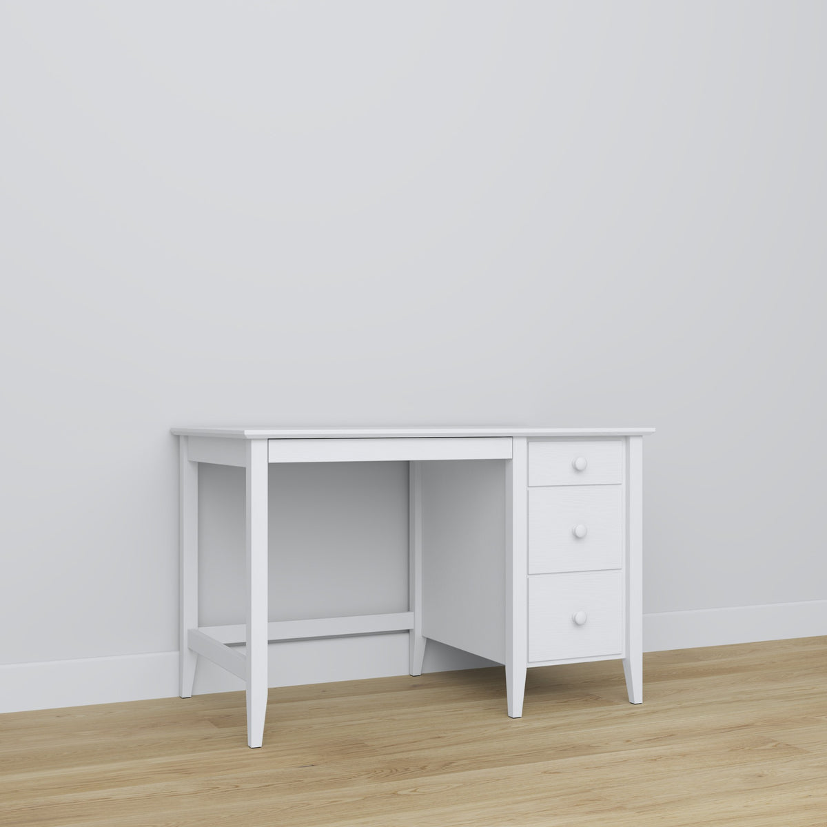 Bureau 3S blanc – plateau et tiroirs, gros plan na en bois, Nizio