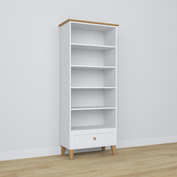 Bookcase 1S wooden white with oak – open drawer, storage for small items