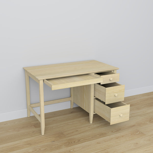 Bureau 3S en pin pin incolore – tiroirs ouverts, rangements pour documents