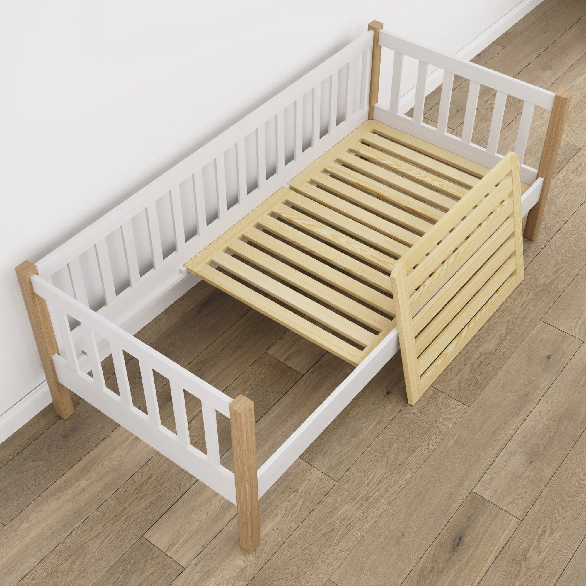 Bettsofa aus Holz Weiß mit Eiche – Schrägansicht, skandinavischer Stil