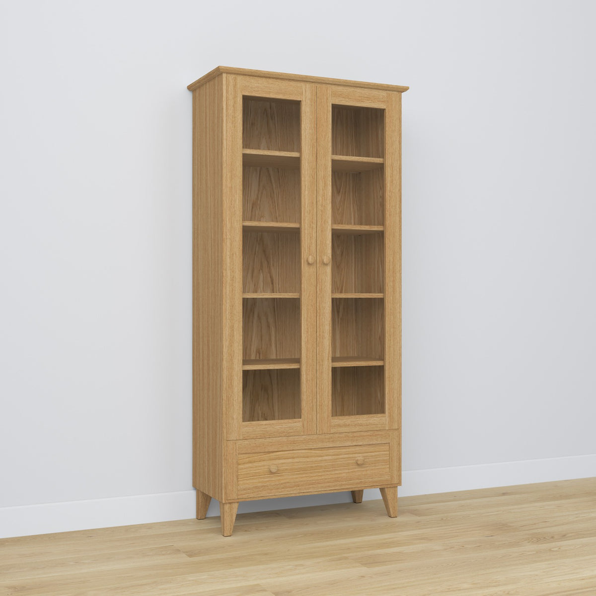 Vitrine 1S 90 chêne naturel – en chêne, portes vitrées, vue frontale