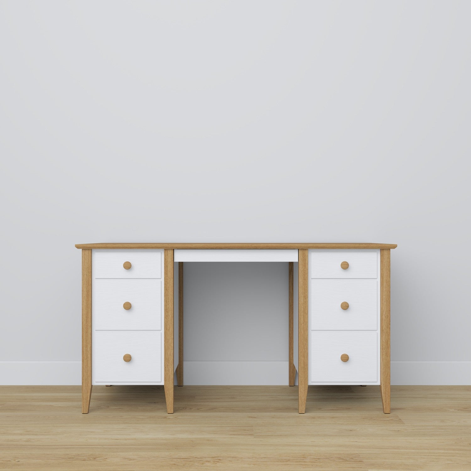 Bureau z 6 tiroirmi en bois blanc avec chêne – bureau i chambre de jeune, scandinave