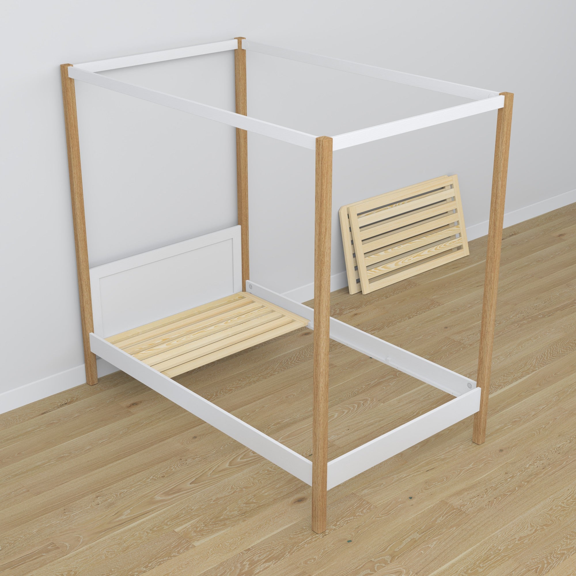 Bed white/oak canopy bed – wooden details and joints, Nizio Home